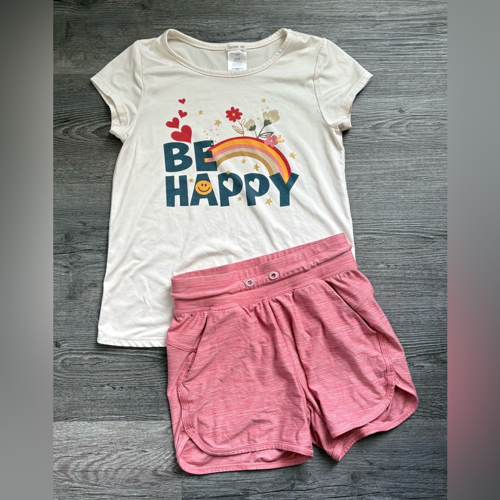 Forever Me Rainbow Soft Tee paired with Coral Soft shorts. Girls 7/8
